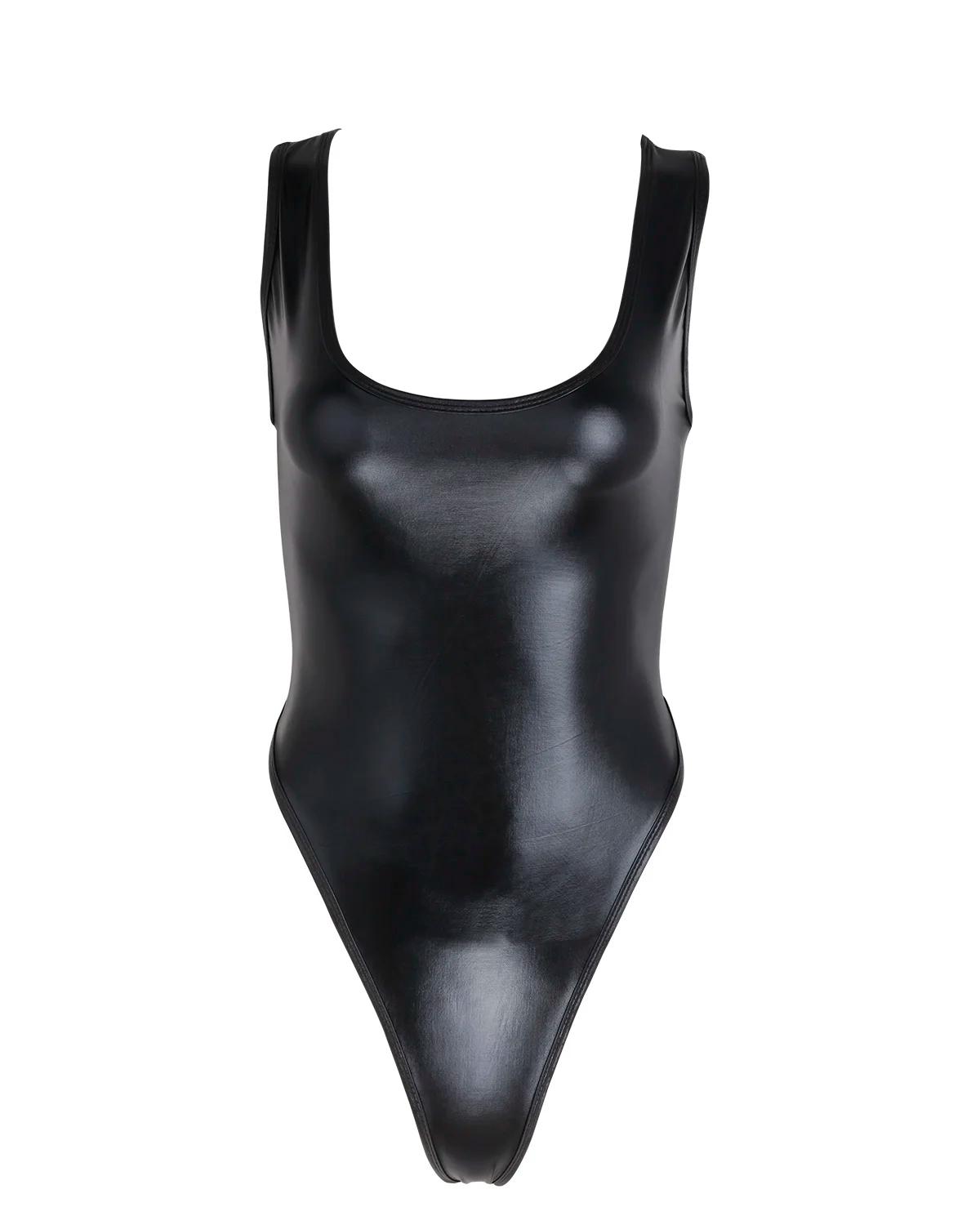 Femmes brillant métallique en cuir verni coupe haute dos nu justaucorps gymnastique body une pièce m