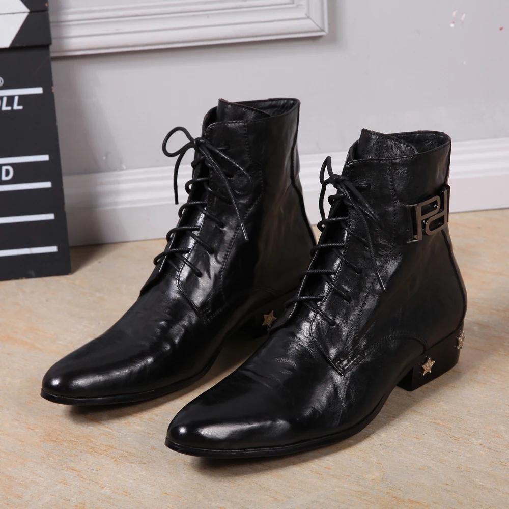 Bottes provoqué pointues en cuir véritable pour hommes, chaussures à rivets, cuir brillant, haute qu