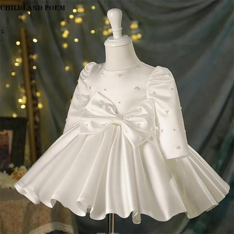 Robe de 1er anniversaire pour bébé fille, tenue de baptême à manches longues avec nœud Tutu, robe de
