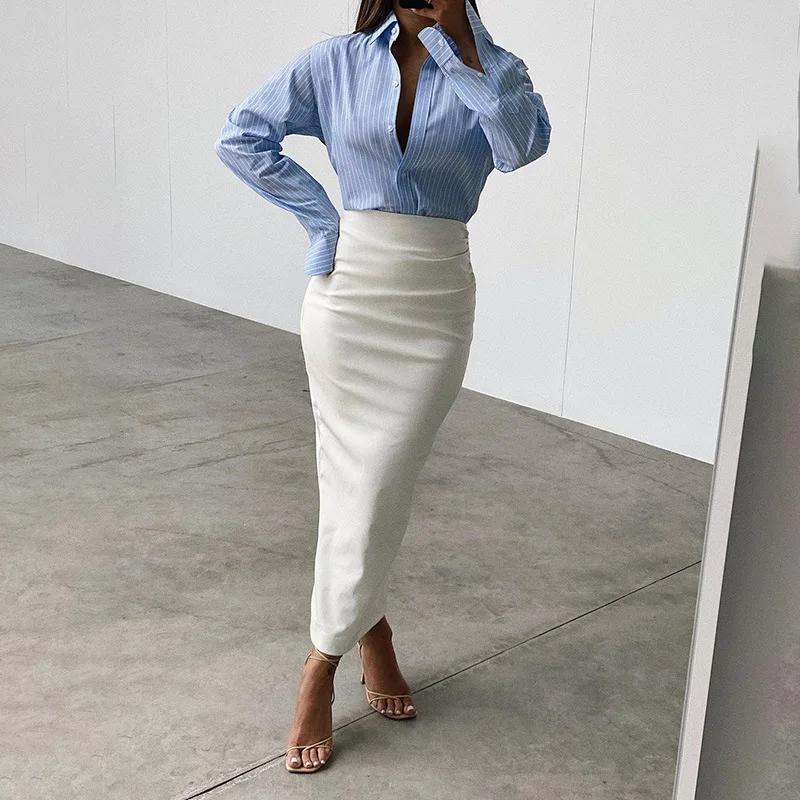 Jupe longue taille haute en cuir pour femmes, jupe moulante sexy, fente pour documents, noir et blan