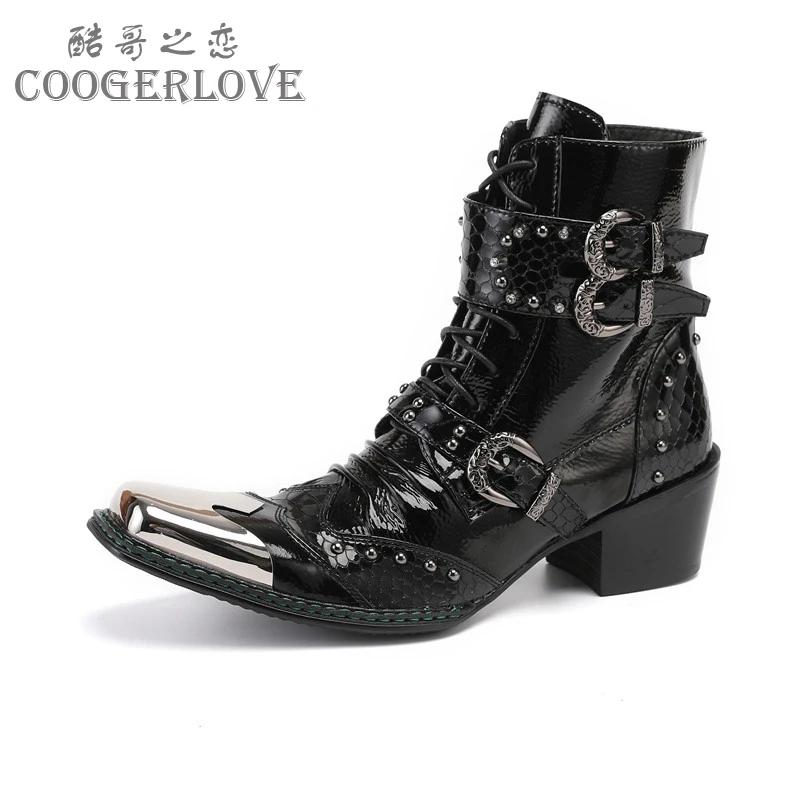 Bottes de cowboy occidentales à talons hauts pour hommes, ceinture Fangtou en métal, peau de vache s