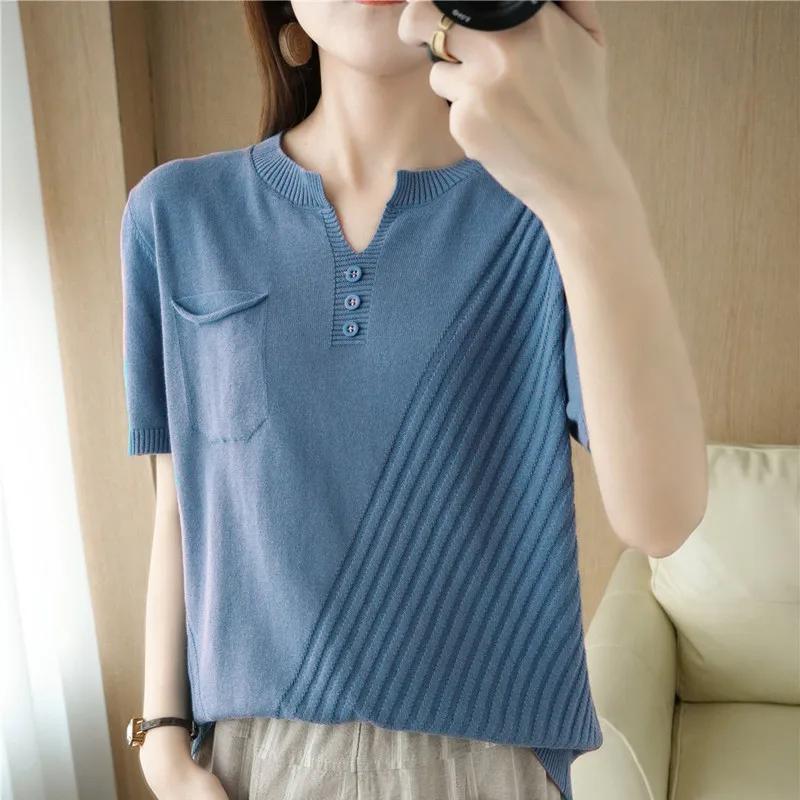 T-shirt tricoté à manches courtes et col en v pour femme, haut ample et décontracté, couleur unie, 1