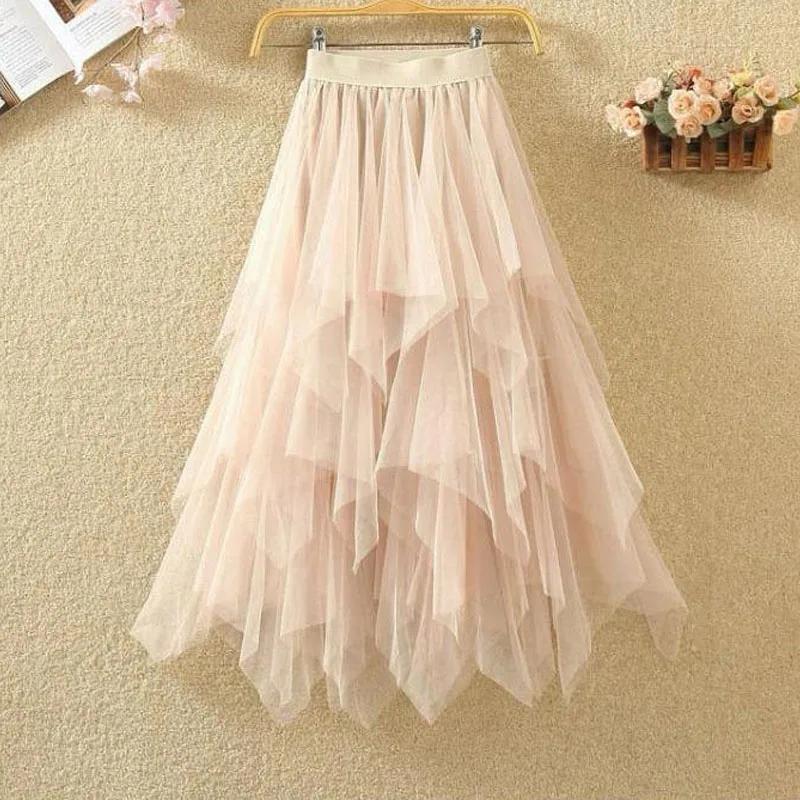 Jupes mi-longues taille haute pour femmes, jupes en tulle monochromes, maille blanche élégante et ch