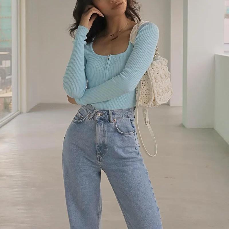 Body à Manches sulfet Col Carré pour Femme, Streetwear Sexy, Moulant, Fermeture Éclair, Noir, Tenues