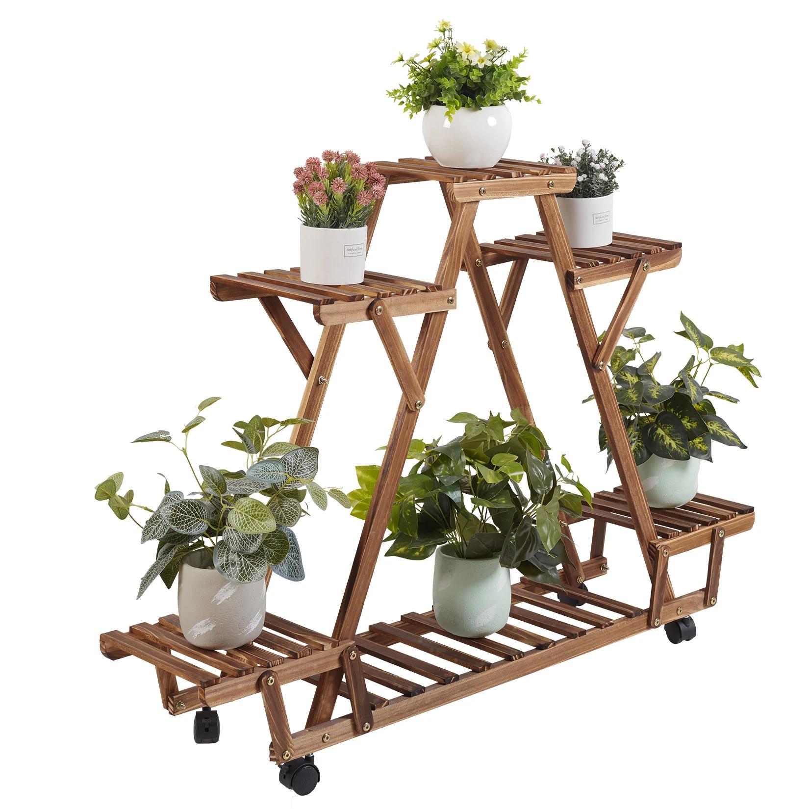 Étagère triangulaire pour plantes, 6 pots en bois carbonisé, support pour pots de fleurs, présentoir