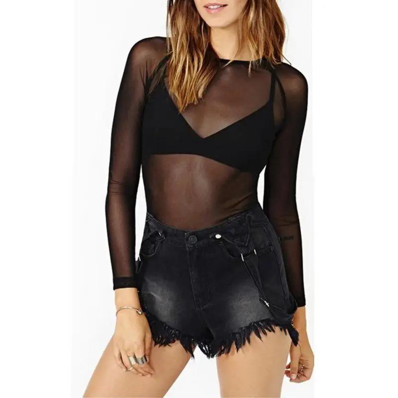 Chaud nouveau 2024 printemps été femmes à manches longues Sexy noir maille haut t-shirts Transparent