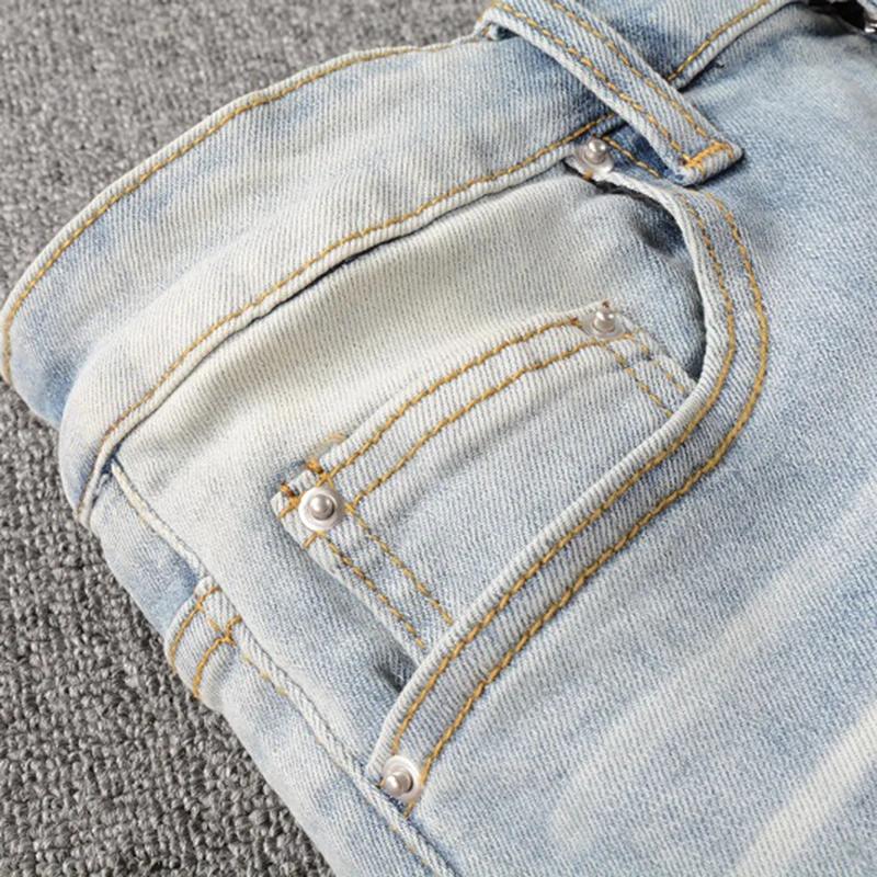 Jean déchiré en Patchwork pour hommes, trous de cristal, Streetwear, Denim bleu clair, Slim, pantalo