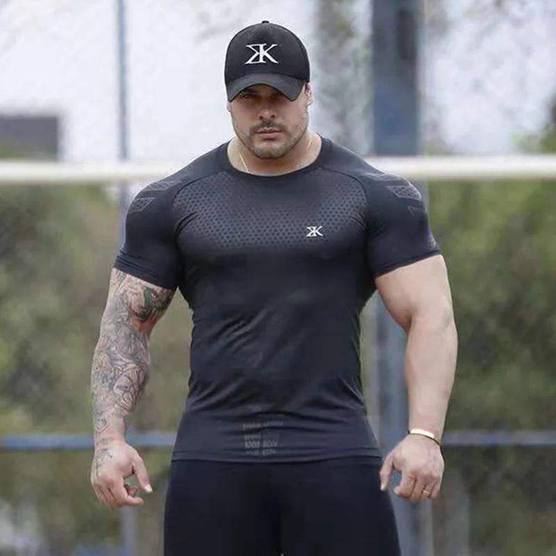 Compression séchage rapide T-shirt hommes course Sport maigre T-shirt court homme Gym Fitness muscul