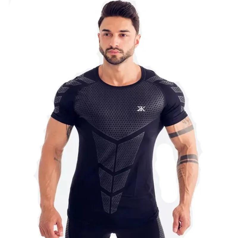 Compression séchage rapide T-shirt hommes course Sport maigre T-shirt court homme Gym Fitness muscul