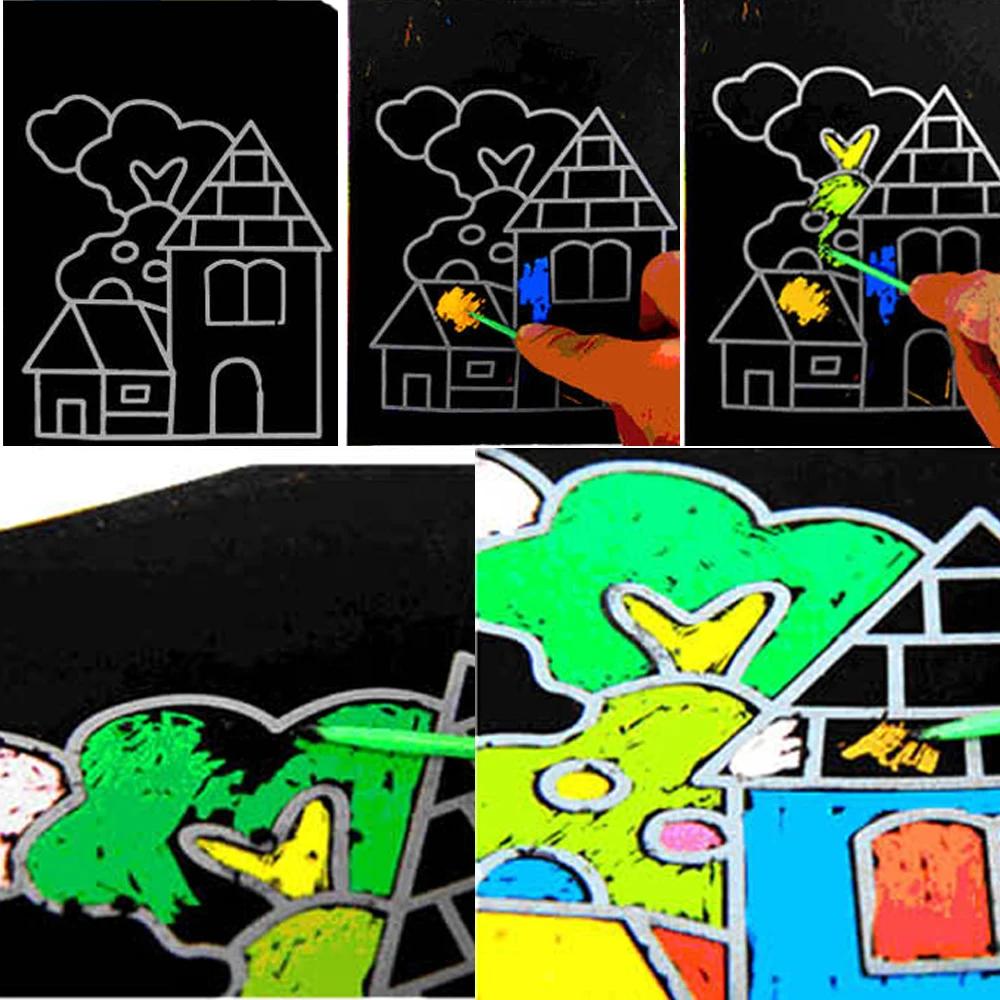 Papier d'art à gratter 13x9.8cm, 10 pièces, papier de peinture magique avec bâton de dessin, jouet p