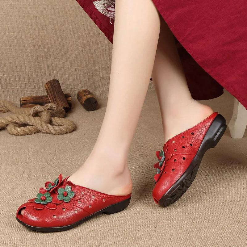 Mode d'été femmes sandales à talons plats mode en cuir véritable à la main fleur femmes sandales à t