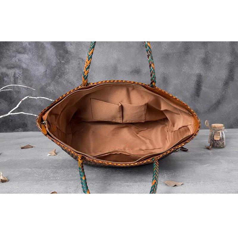 Sac à main en cuir pour femme, grand sac fourre-tout romantique tissé à la main, sac seau en cuir de