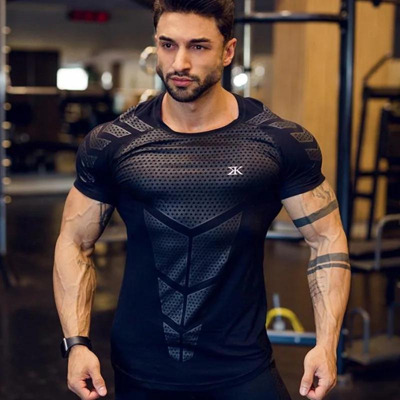 Compression séchage rapide T-shirt hommes course Sport maigre T-shirt court homme Gym Fitness muscul