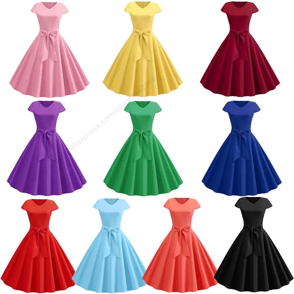 Robe d'été Vintage pour femmes, avec ceinture, manches courtes, col en V, élégante, rétro, robes de 