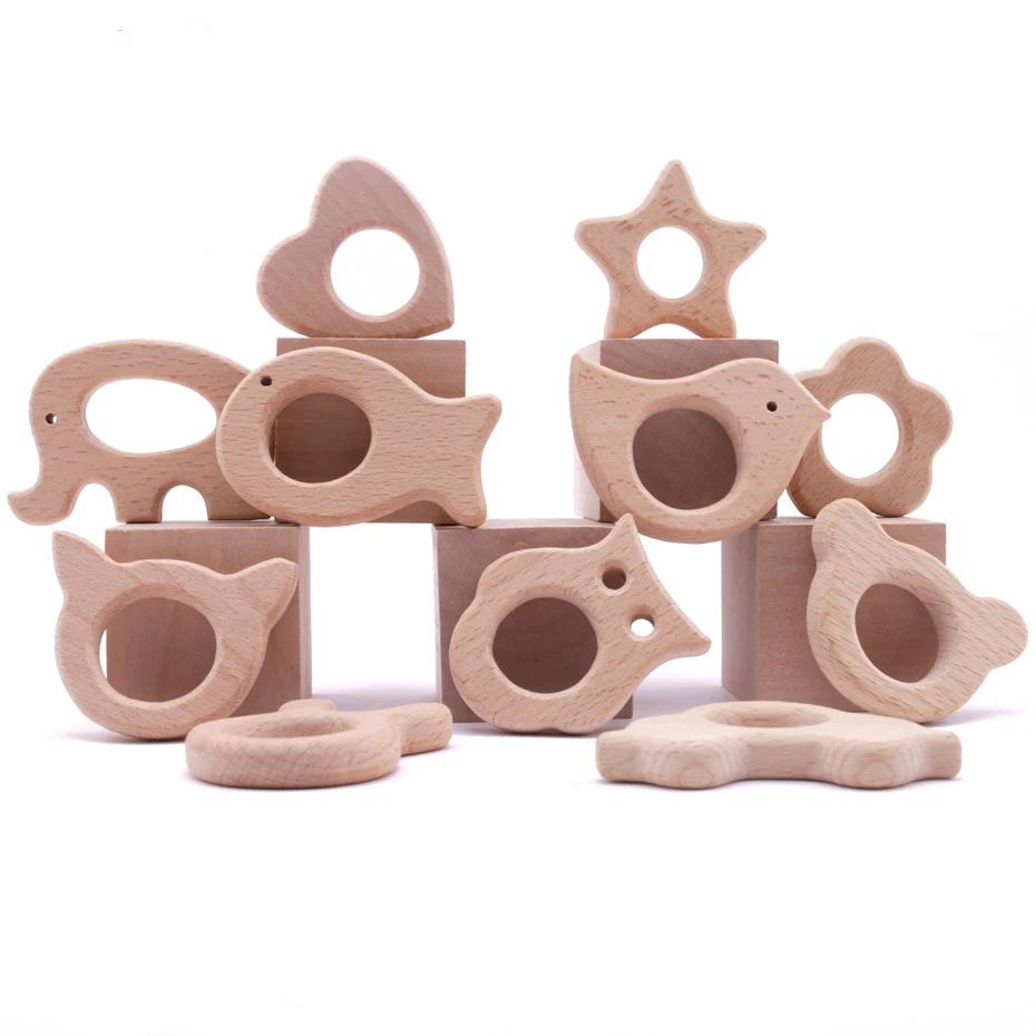 Anneaux dentition hêtre sculptés animaux bébé - 10 pièces jouets poussées dentaires naturels