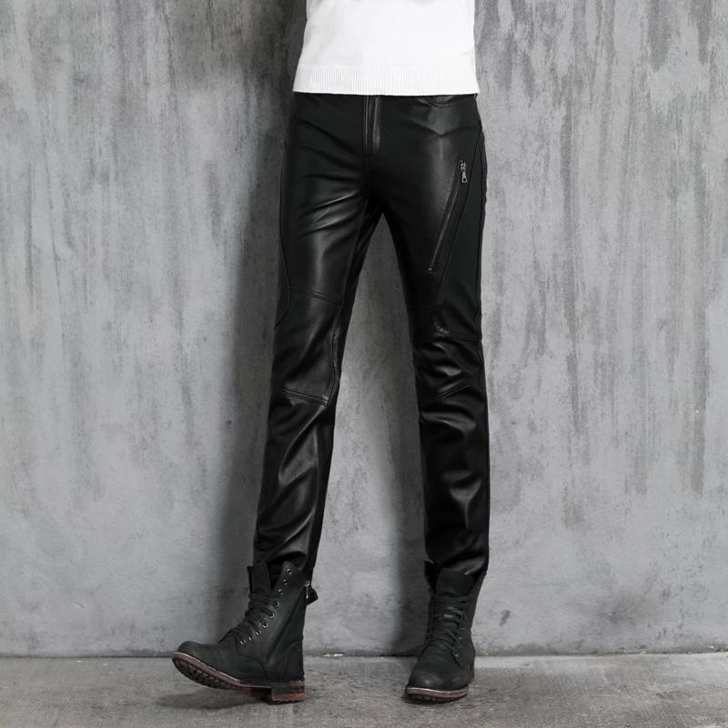 Pantalon Slim en cuir véritable pour hommes, moto pour jeunes, personnalité en peau de mouton, vêtem