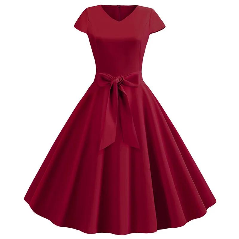 Robe d'été Vintage pour femmes, avec ceinture, manches courtes, col en V, élégante, rétro, robes de 
