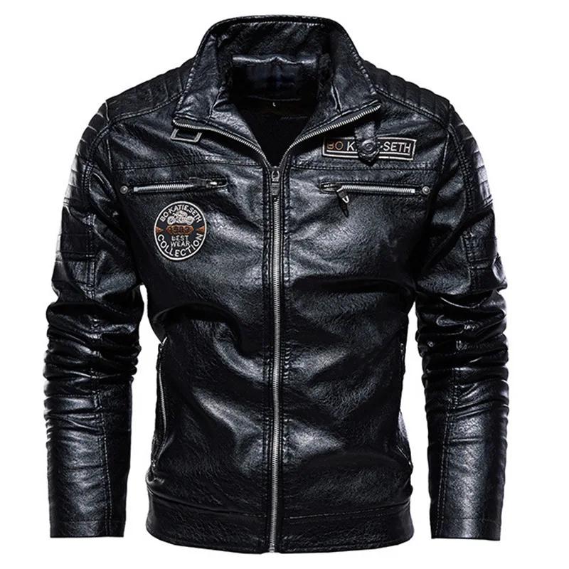Veste en cuir PU pour homme avec col montant, coupe-vent décontracté, manteau de moto, grande taille