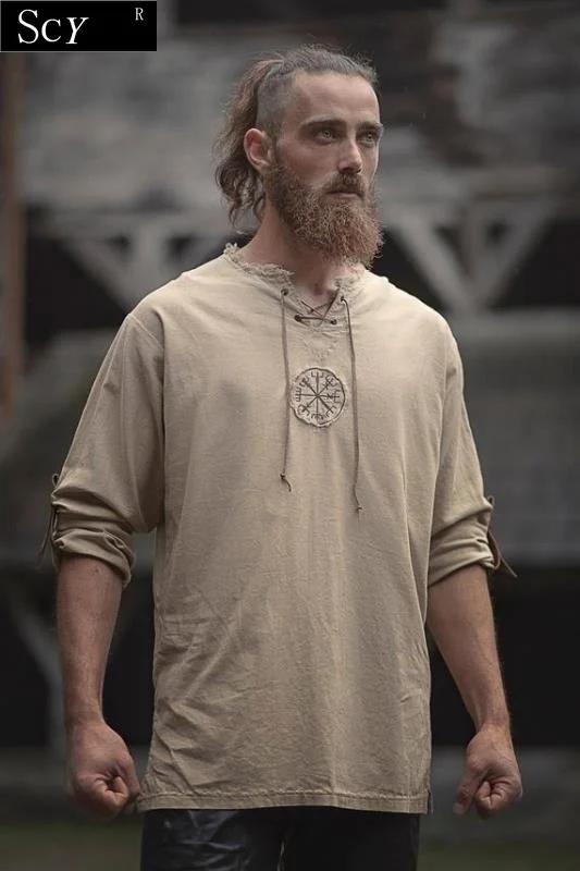Hommes grande taille petit haut ancien Viking broderie à lacets col en V à manches longues petit hau