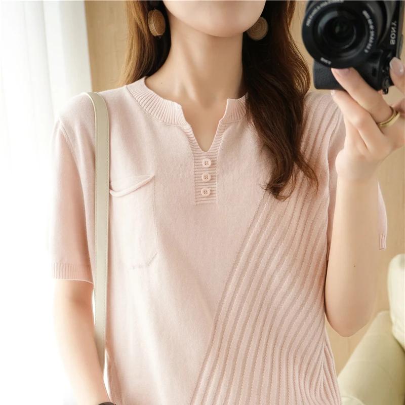 T-shirt tricoté à manches courtes et col en v pour femme, haut ample et décontracté, couleur unie, 1