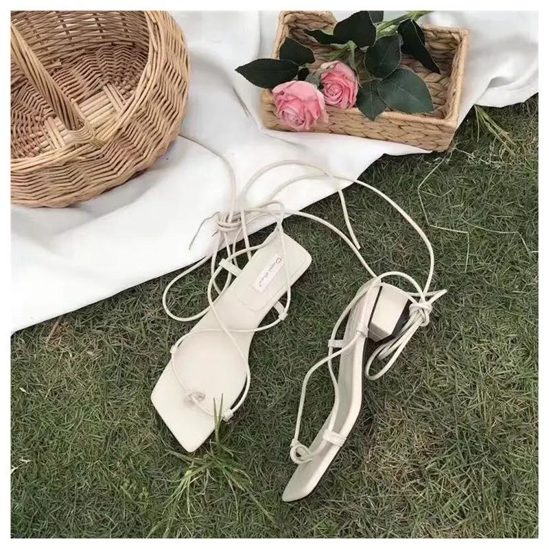 Sandales d'été à petits talons à lacets style gladiateur pour femme, chaussures estivales ouvertes f