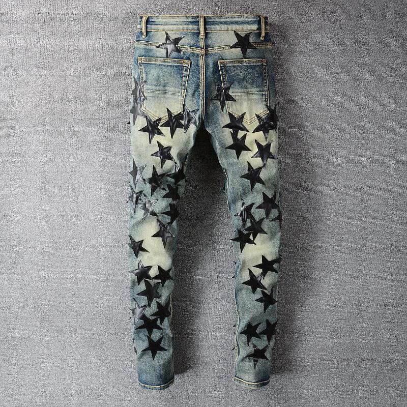 Jean Stretch déchiré en cuir pour hommes, pantalon crayon Slim, Patchwork, Denim, trous
