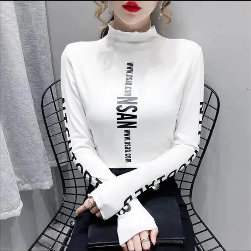 T-shirt à col mi-haut élastique pour Femme, haut chaud avec lettres imprimées, Streetwear, automne h