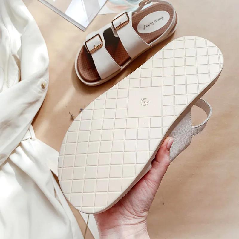 BEAU TODAY-Sandales décontractées en cuir de vache pour femmes, chaussures de sport à talons bas, fa