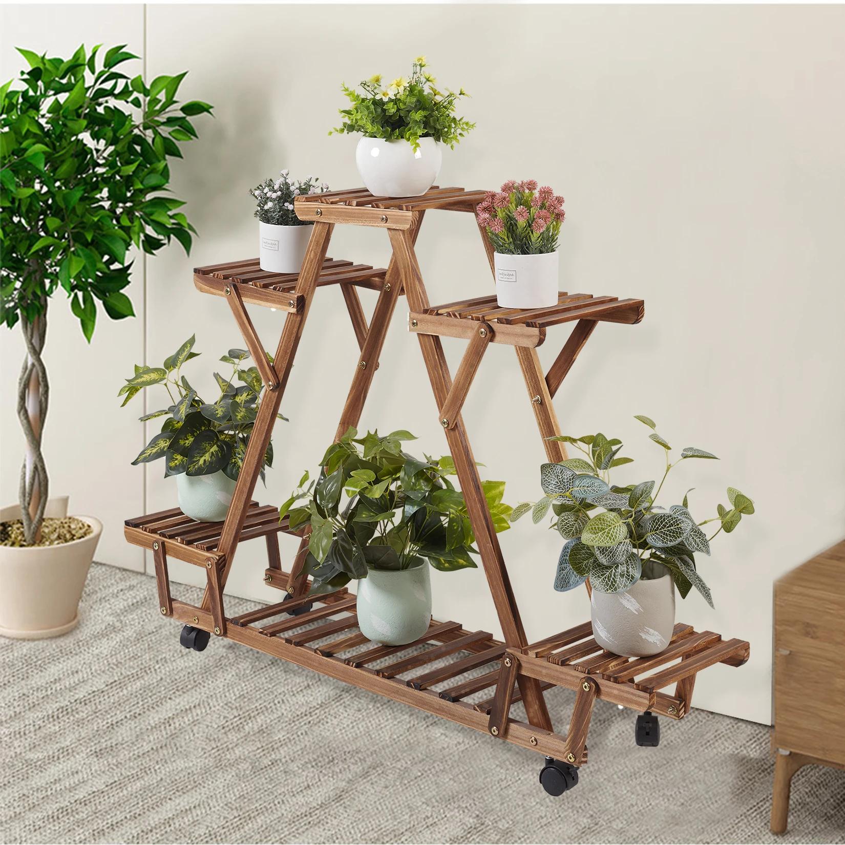 Étagère triangulaire pour plantes, 6 pots en bois carbonisé, support pour pots de fleurs, présentoir