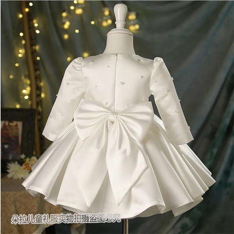 Robe de 1er anniversaire pour bébé fille, tenue de baptême à manches longues avec nœud Tutu, robe de