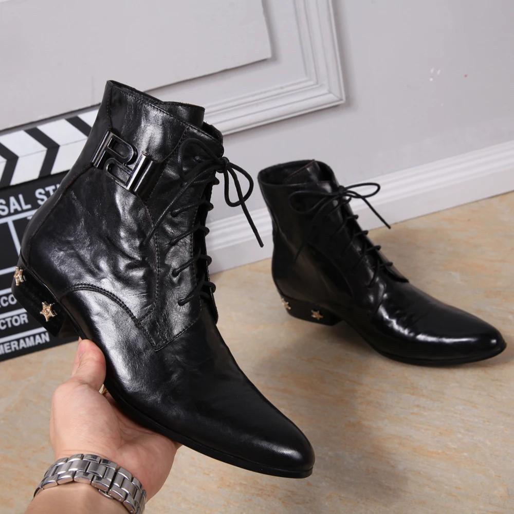 Bottes provoqué pointues en cuir véritable pour hommes, chaussures à rivets, cuir brillant, haute qu