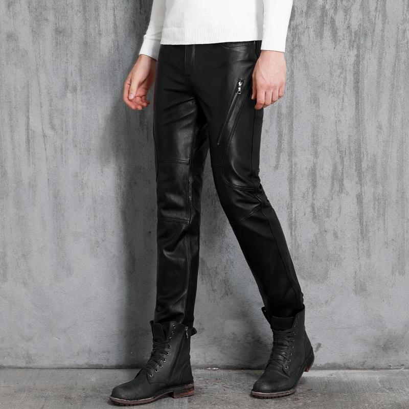 Pantalon Slim en cuir véritable pour hommes, moto pour jeunes, personnalité en peau de mouton, vêtem