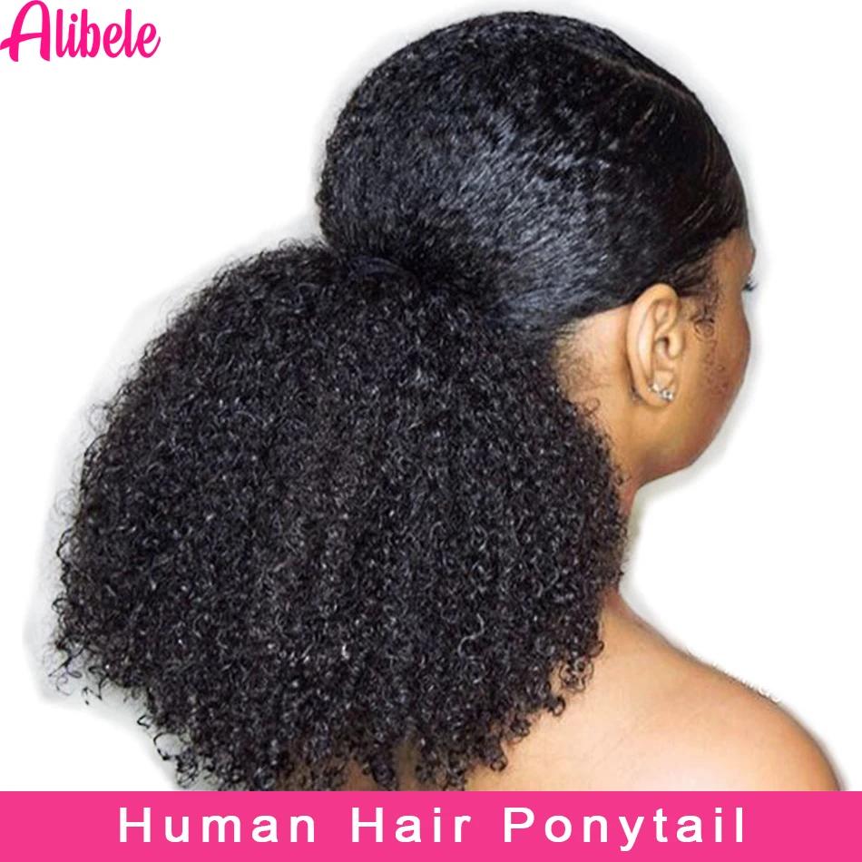 Alibele-Extensions de Cheveux Humains Crépus Bouclés Afro, Queue de Cheval Longue à Clips, 10-28 Pou