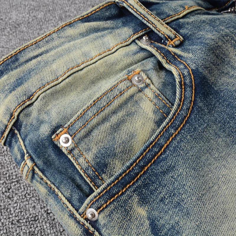 Jean Stretch déchiré en cuir pour hommes, pantalon crayon Slim, Patchwork, Denim, trous