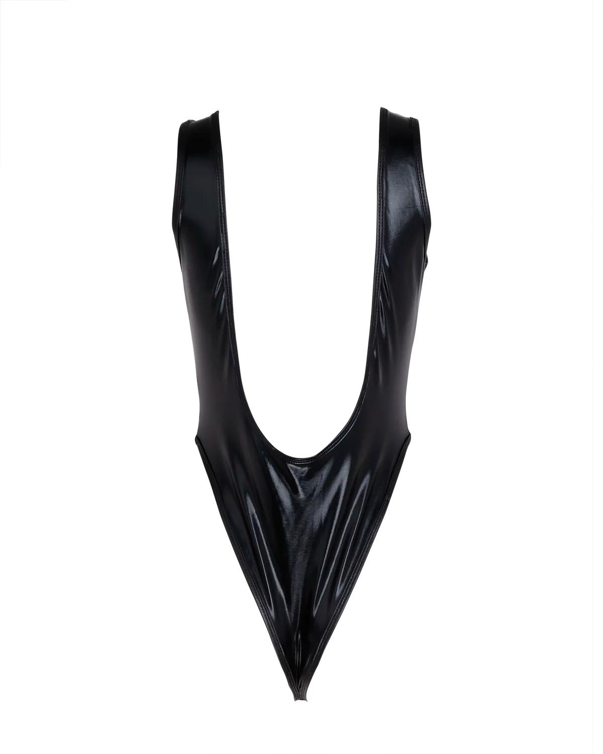 Femmes brillant métallique en cuir verni coupe haute dos nu justaucorps gymnastique body une pièce m