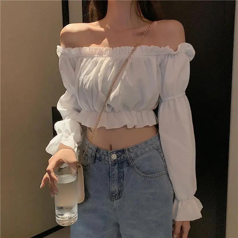 Haut court à manches longues pour femmes, chemisier Sexy, épaules dénudées, soirée en boîte de nuit,