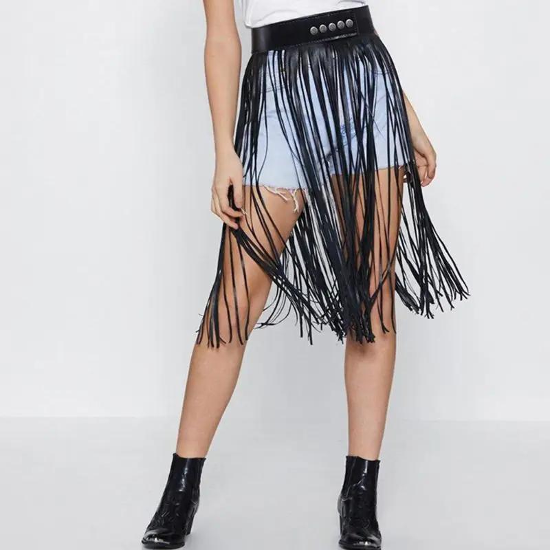 Jupe à franges en Faux pour femmes, taille haute, harnais avec boutons à pression, fête d'halloween,