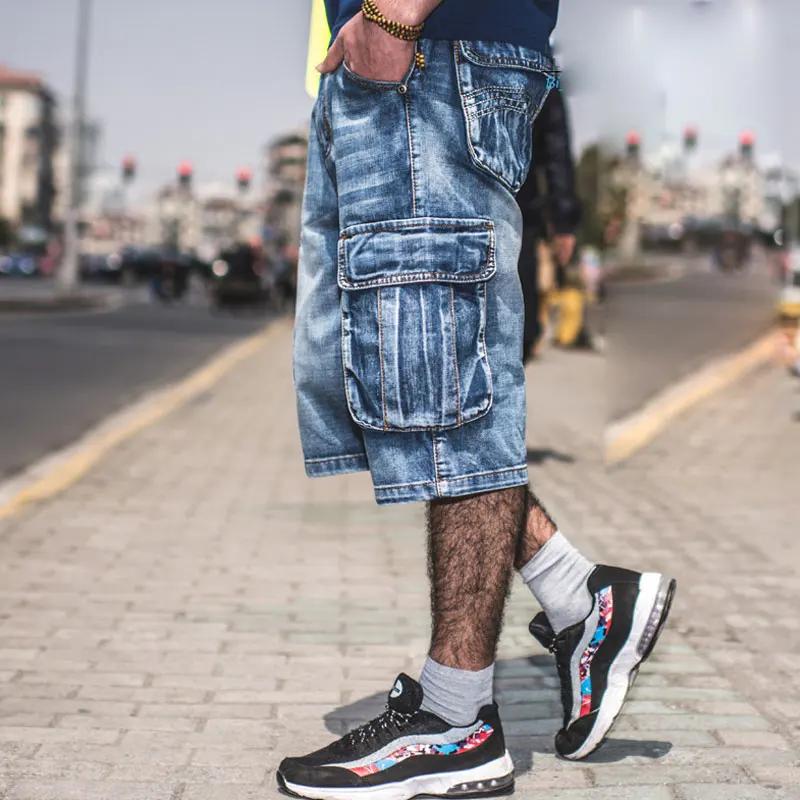 Short en jean bleu multi-poches pour homme, streetwear, grande taille, droit, été, nouveau