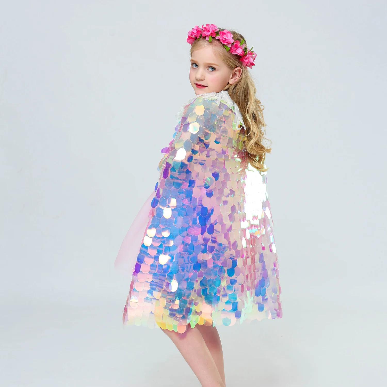 Cape à paillettes pour filles, petite sirène, vêtements de fête sur la plage, châle arc-en-ciel, Cos