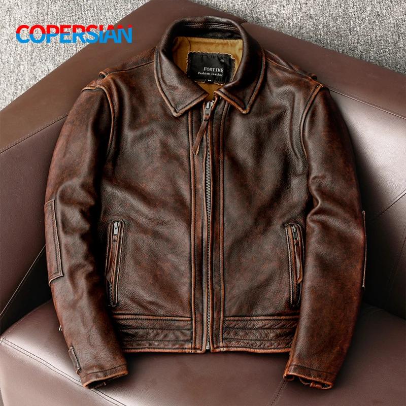 Veste en cuir à queue d'hirondelle pour hommes, haut de moto vintage, manteau en cuir de vachette, v