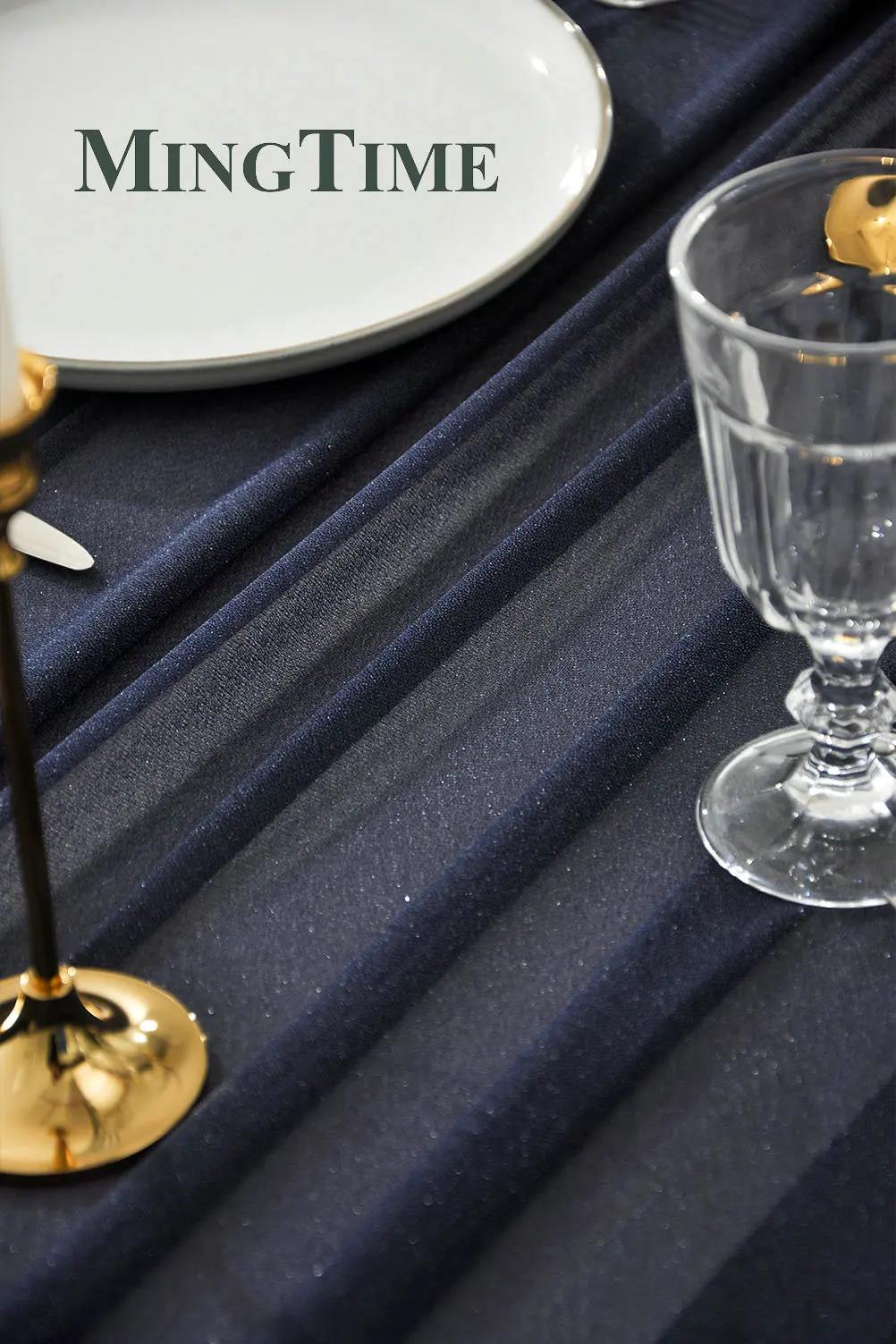 Chemin de Table en mousseline de soie transparente, couleur unie, bleu rustique, style Boho, fête de
