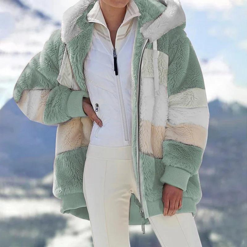 Manteau en peluche pour femme, veste à capuche avec fermeture éclair, décontractée, surdimensionnée,