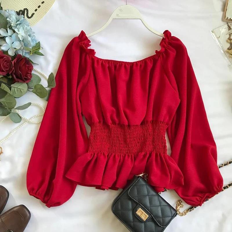 Chemisier Élégant en Mousseline de Soie pour Femme, Chemise Blanche à Volants et Manches Bouffantes,