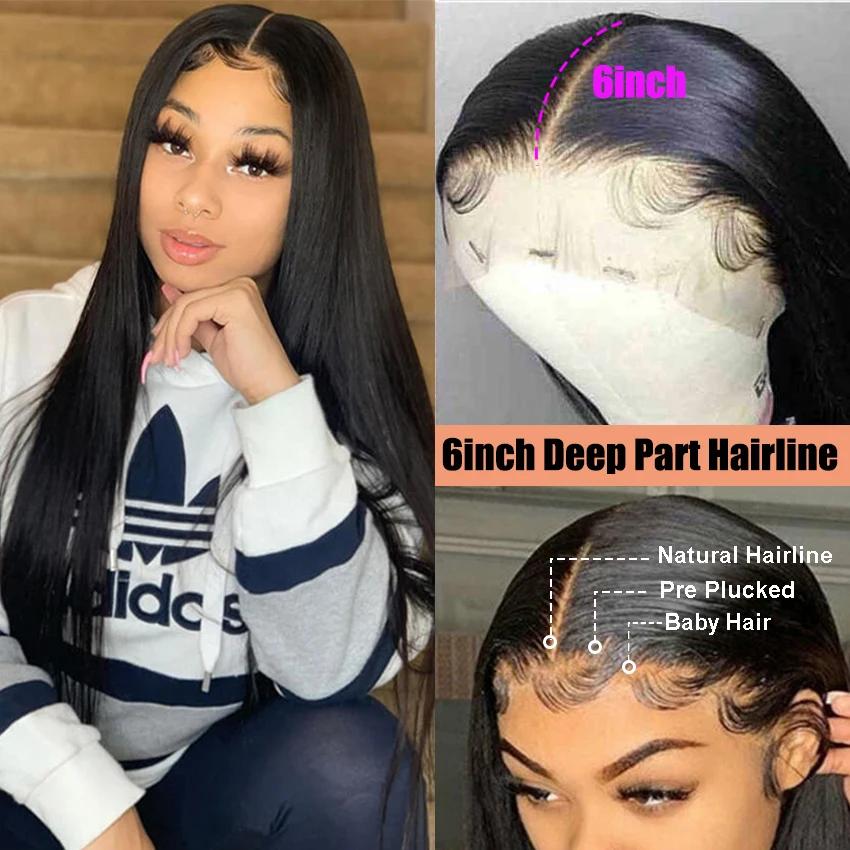 Perruque Lace Front Wig naturelle lisse, cheveux lisses, Transparent HD, 13x6, 13x4, couleur noire n