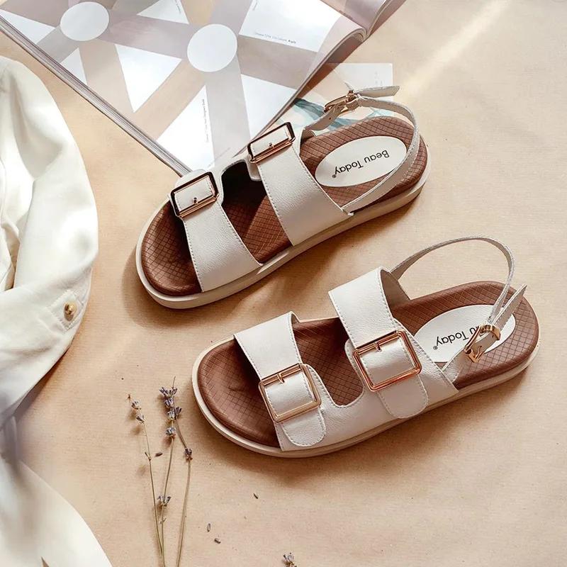 BEAU TODAY-Sandales décontractées en cuir de vache pour femmes, chaussures de sport à talons bas, fa