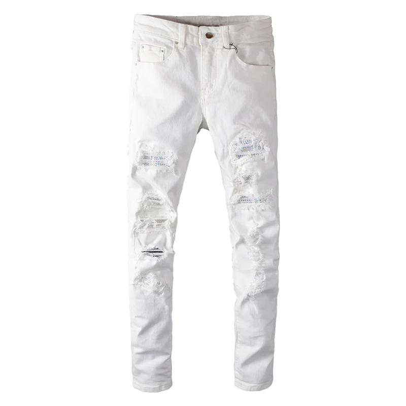 Sokotoo hommes trous de cristal blanc déchiré jean mode mince maigre strass Stretch Denim pantalon