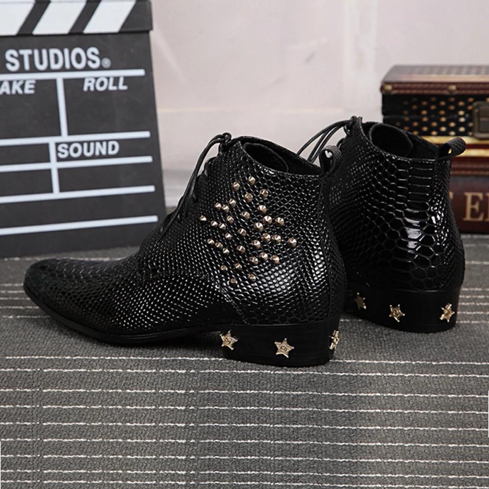 Bottes provoqué pointues en cuir véritable pour hommes, chaussures à rivets, cuir brillant, haute qu