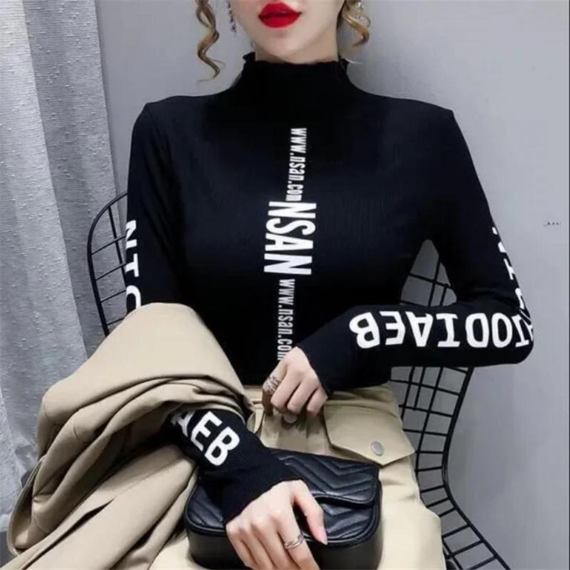 T-shirt à col mi-haut élastique pour Femme, haut chaud avec lettres imprimées, Streetwear, automne h
