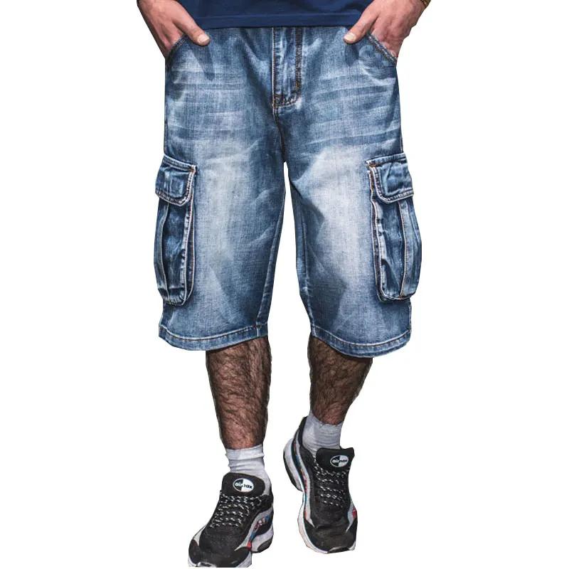 Short en jean bleu multi-poches pour homme, streetwear, grande taille, droit, été, nouveau