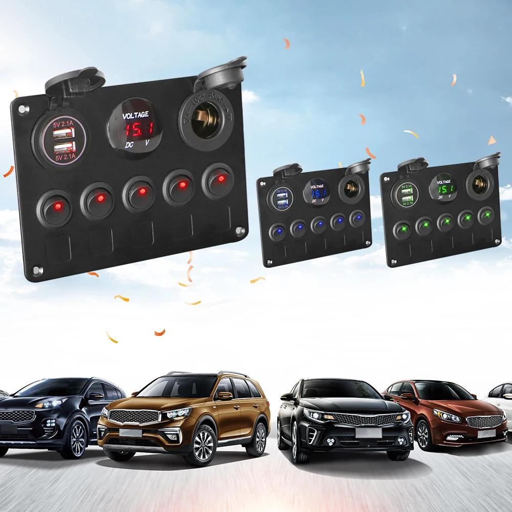 Panneau lumineux LED à 5 boutons, 12V 24V, chargeurs USB, jauge 3.0 volts, pour voiture, bateau, cam